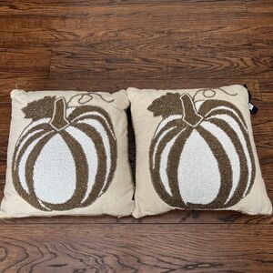 Lot Of 2 mi chateaux pillows beaded pumpkins Gold White 15" Beaded Edge